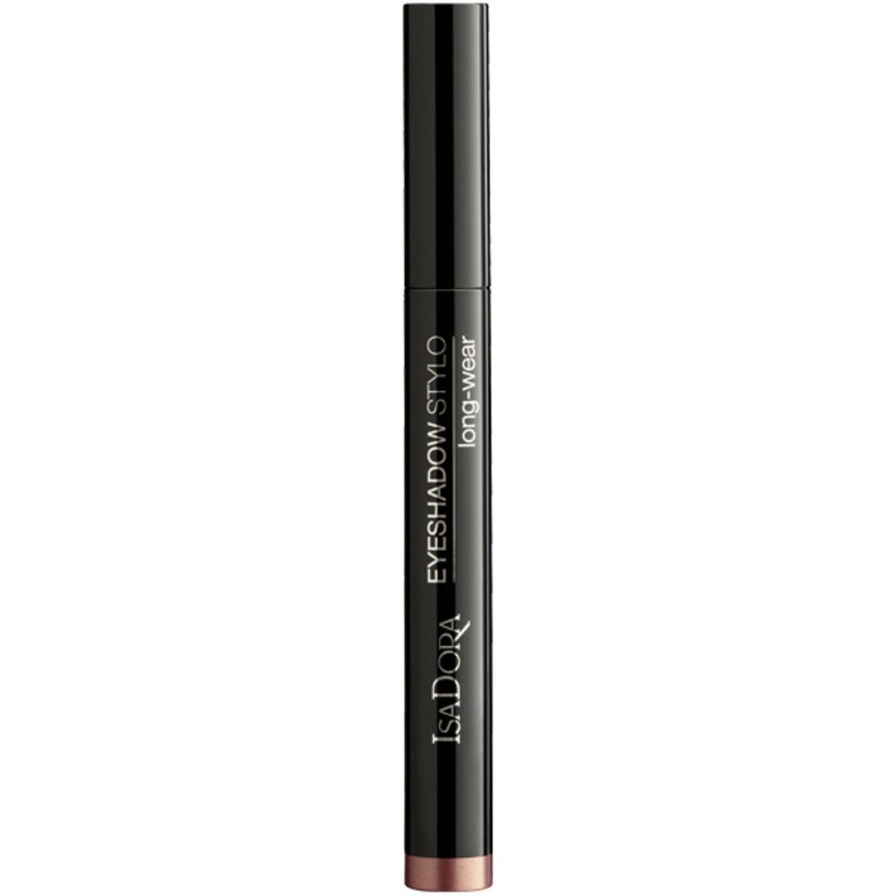 IsaDora Eyeshadow Stylo. Schwarzer Stift mit geschlossenem Deckel. Produktname und 'long-wear' aufgedruckt. Spitze in Bronzefarbe.