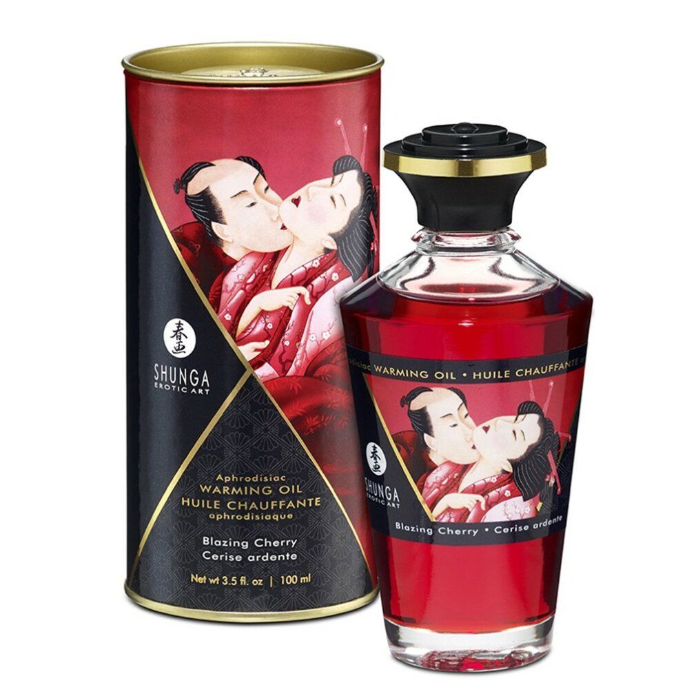 Rote Glasflasche und Dose mit Etiketten. Kirschöl. Aufdruck: Shunga, Blazing Cherry.