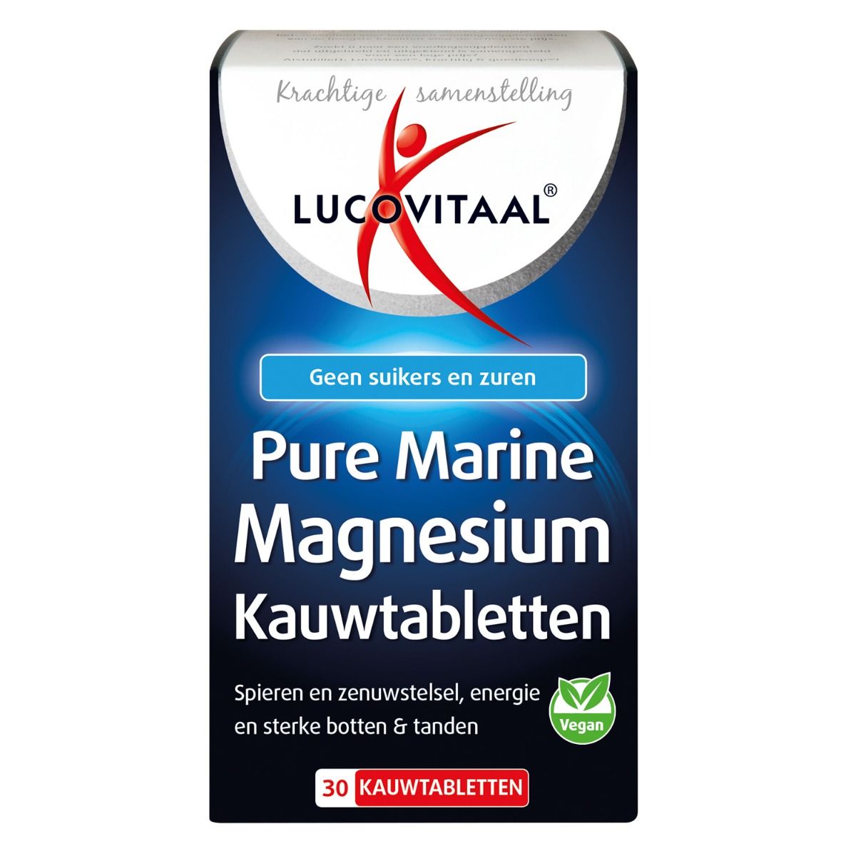 Verpackung von Pure Marine Magnesium Kautabletten. Blaue Schachtel mit Logo und Produktbezeichnung. 30 Kautabletten, vegan.