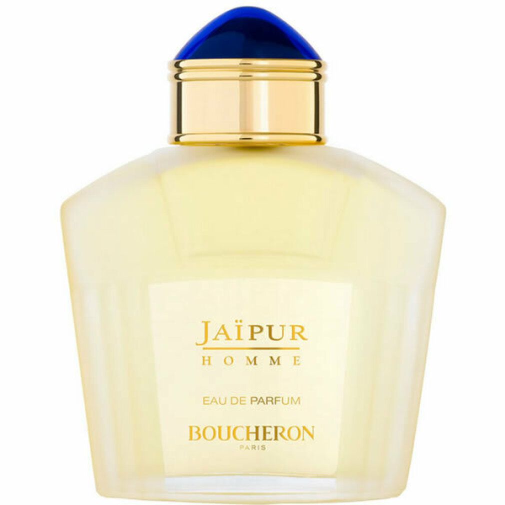 Parfümflasche. Aufschrift: Jaïpur Homme Eau de Parfum, Boucheron. Blaue Kappe, goldener Hals.