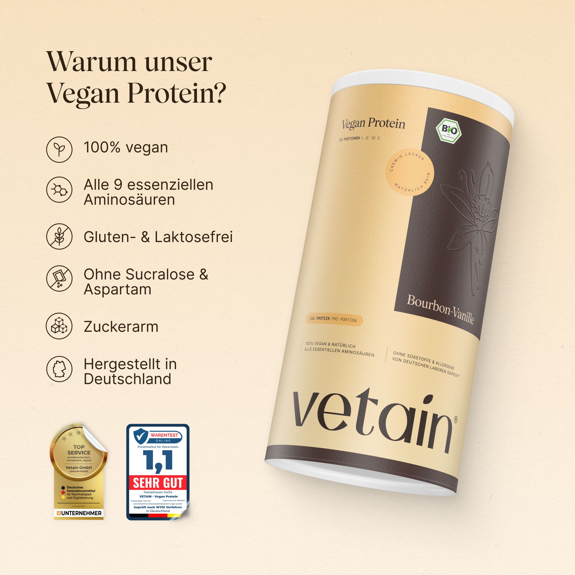 Zylindrische Dose mit Vegan Protein. Aufschrift: Bourbon-Vanille. Logo: Vetain. Siegel: Bio, Top-Marke, 1,1 Sehr Gut.