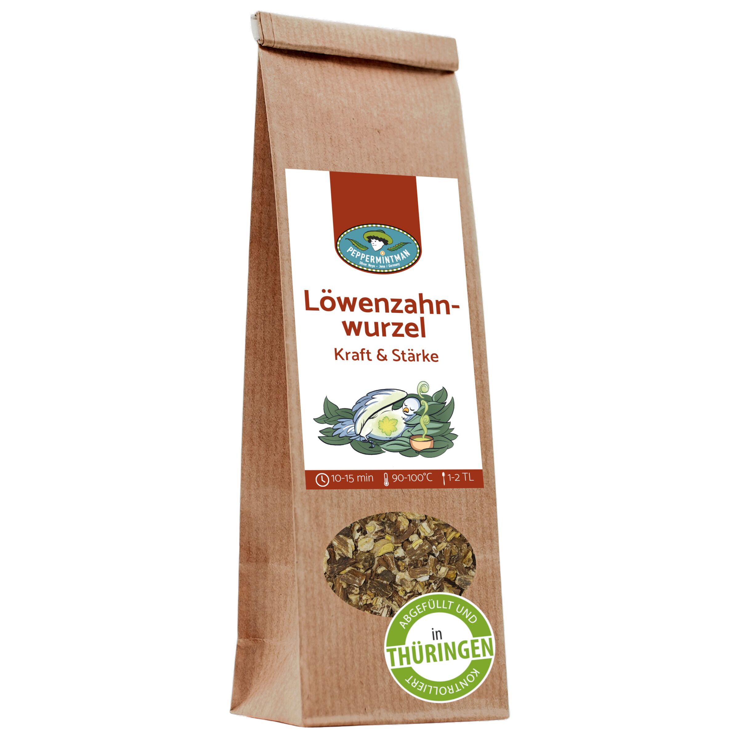 Braune Papiertüte mit Aufdruck. Etikett mit Produktname, Logo und Zubereitungshinweisen. Siegel "Abgefüllt in Thüringen".