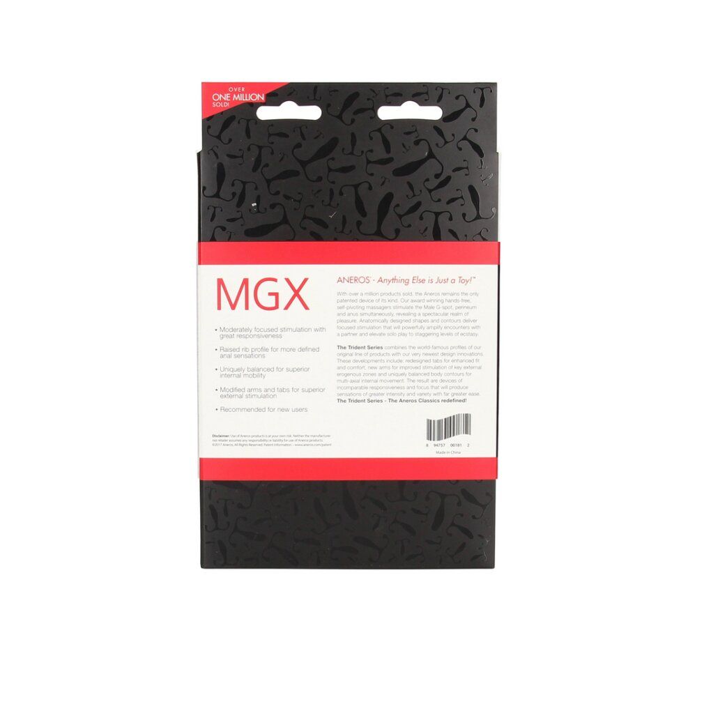 Rückseite der MGX Male G-Spot Stimulator Verpackung mit Produktmerkmalen.