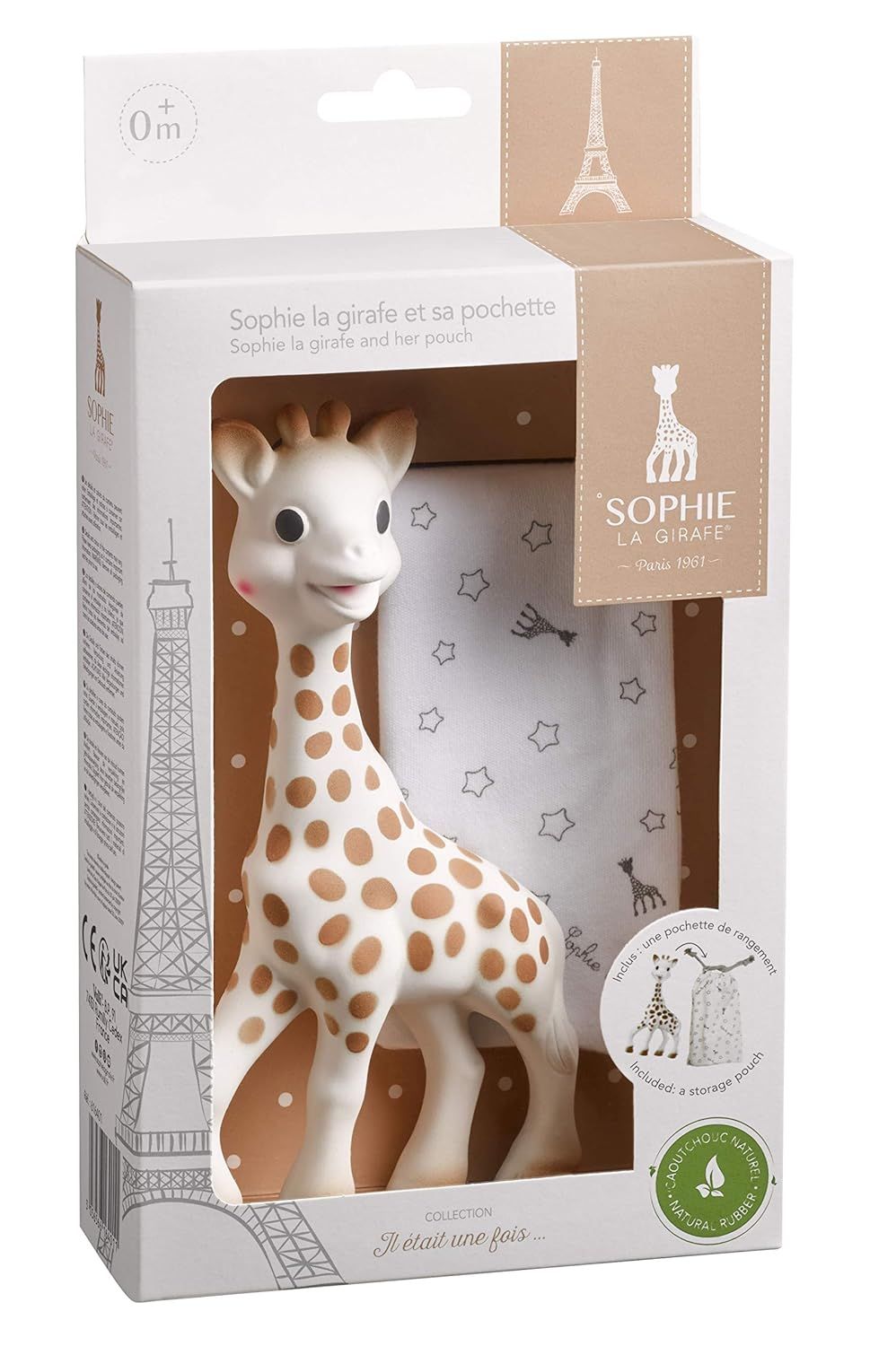Giraffe-Spielzeug in Verpackung. Beige mit braunen Flecken. Stoffbeutel mit Sternenmuster. Marke: Sophie la girafe.