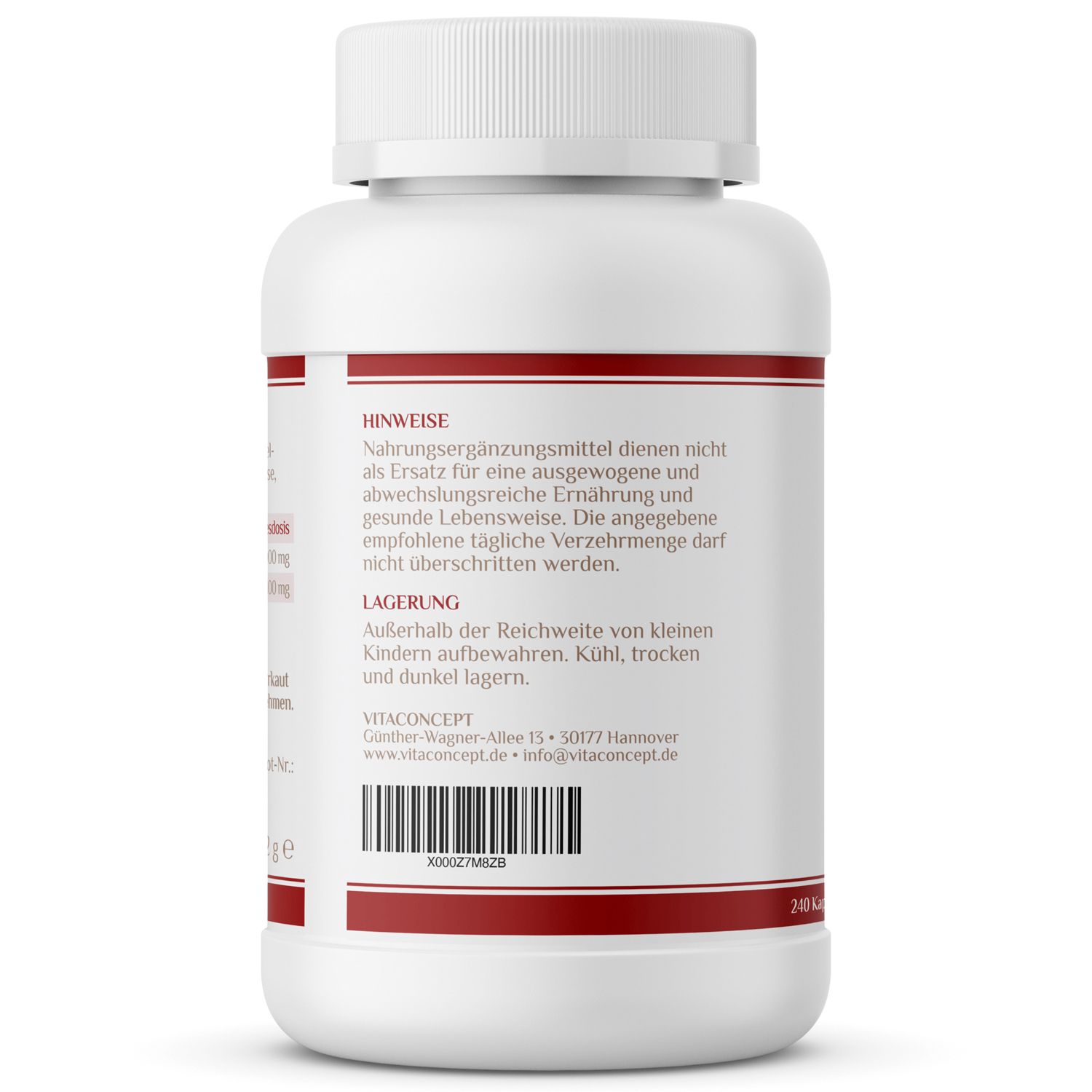 Rückseite einer weißen Flasche mit rotem Streifen. Text: Hinweise, Lagerung, VITACONCEPT-Kontaktinformationen. Barcode und 240 Kapseln.