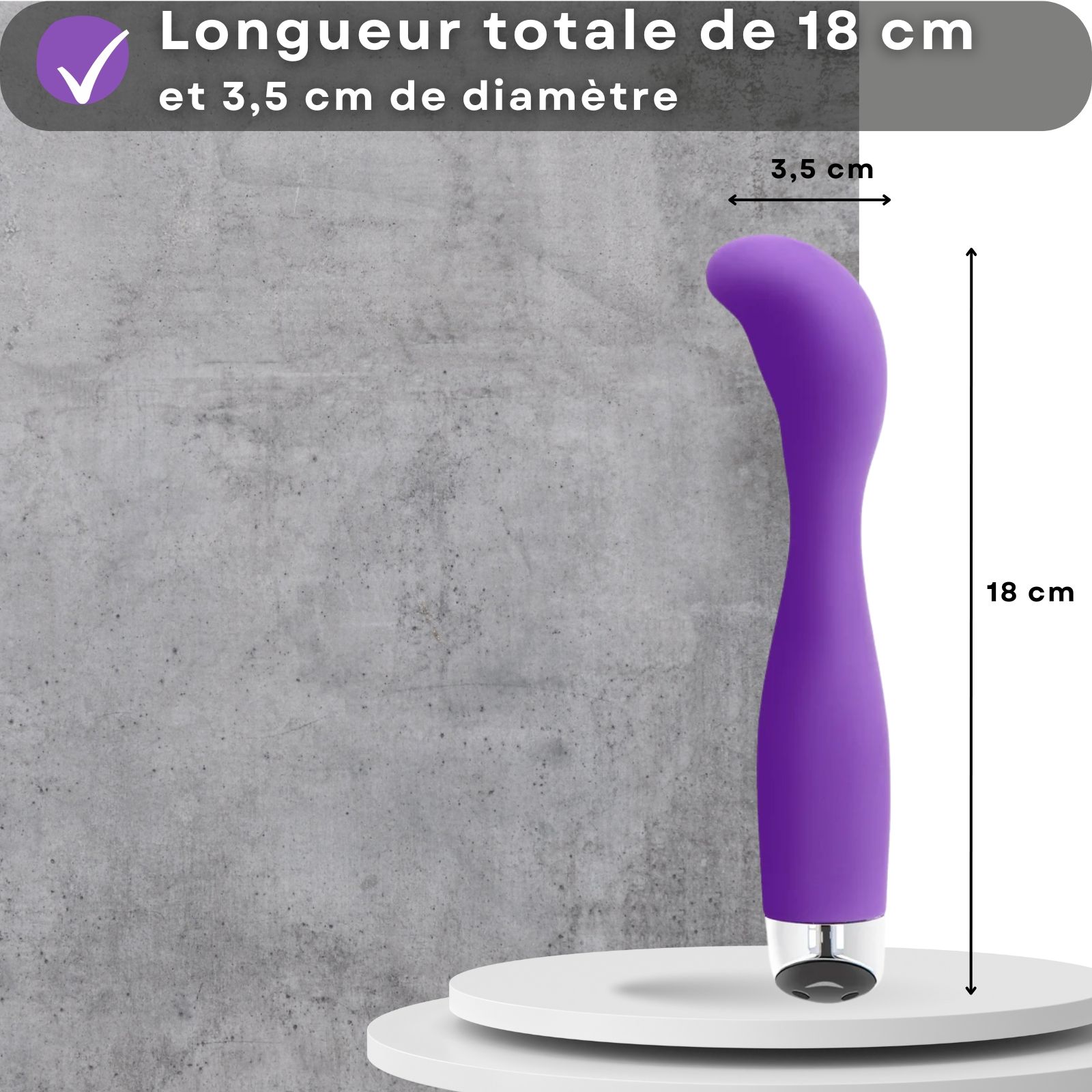 Vibrateur violet. Silicone, forme incurvée. Texte: 18cm de long, 3,5cm de diamètre.