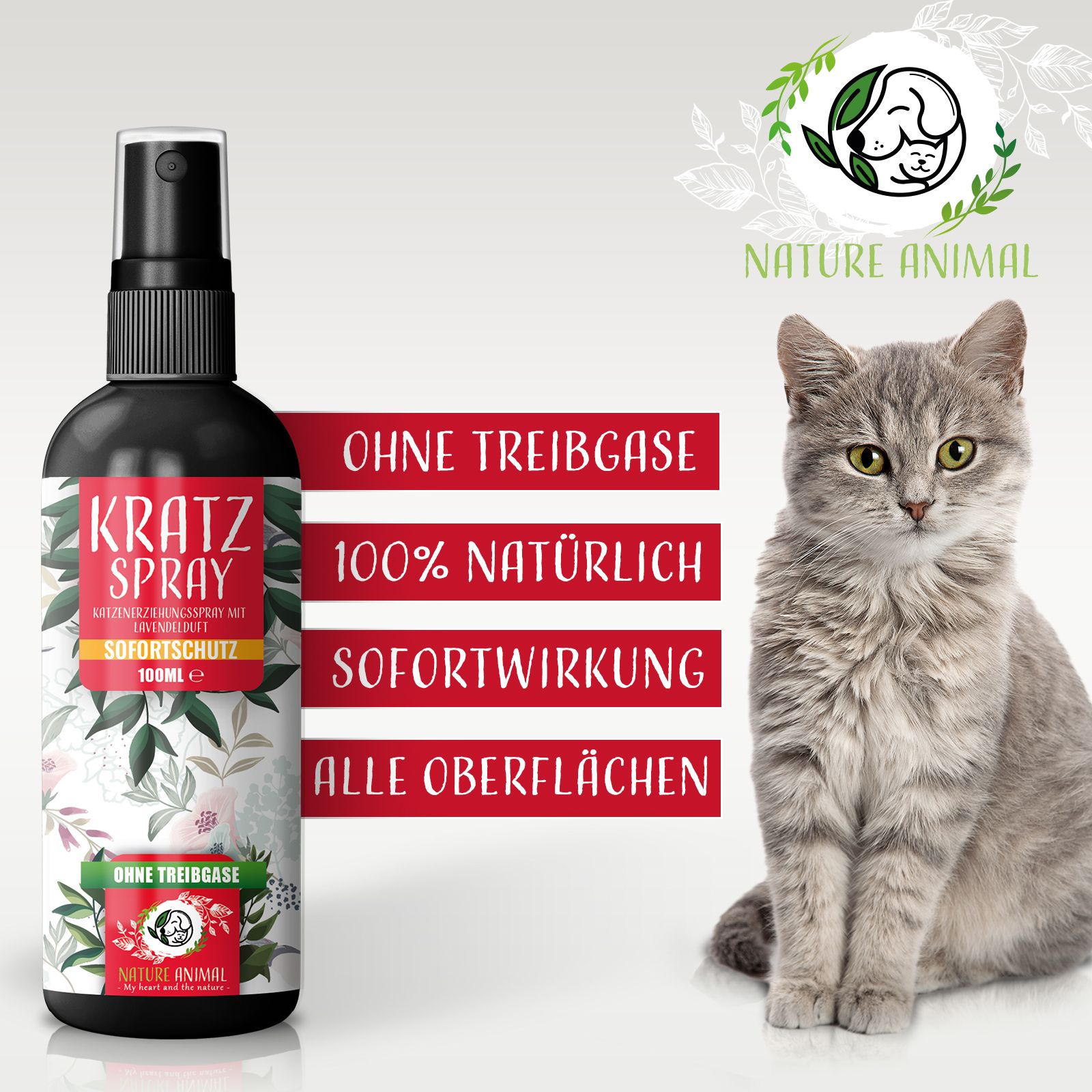 Schwarze Sprühflasche neben Katze. Text: OHNE TREIBGASE, 100% NATÜRLICH, SOFORTWIRKUNG, ALLE OBERFLÄCHEN. Logo: Nature Animal.