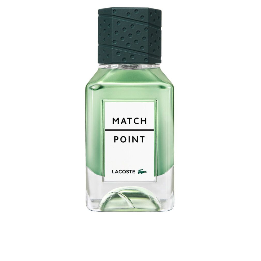 Grünes Parfümflakon mit schwarzem Deckel. Auf dem Etikett steht "MATCH POINT" und "LACOSTE".