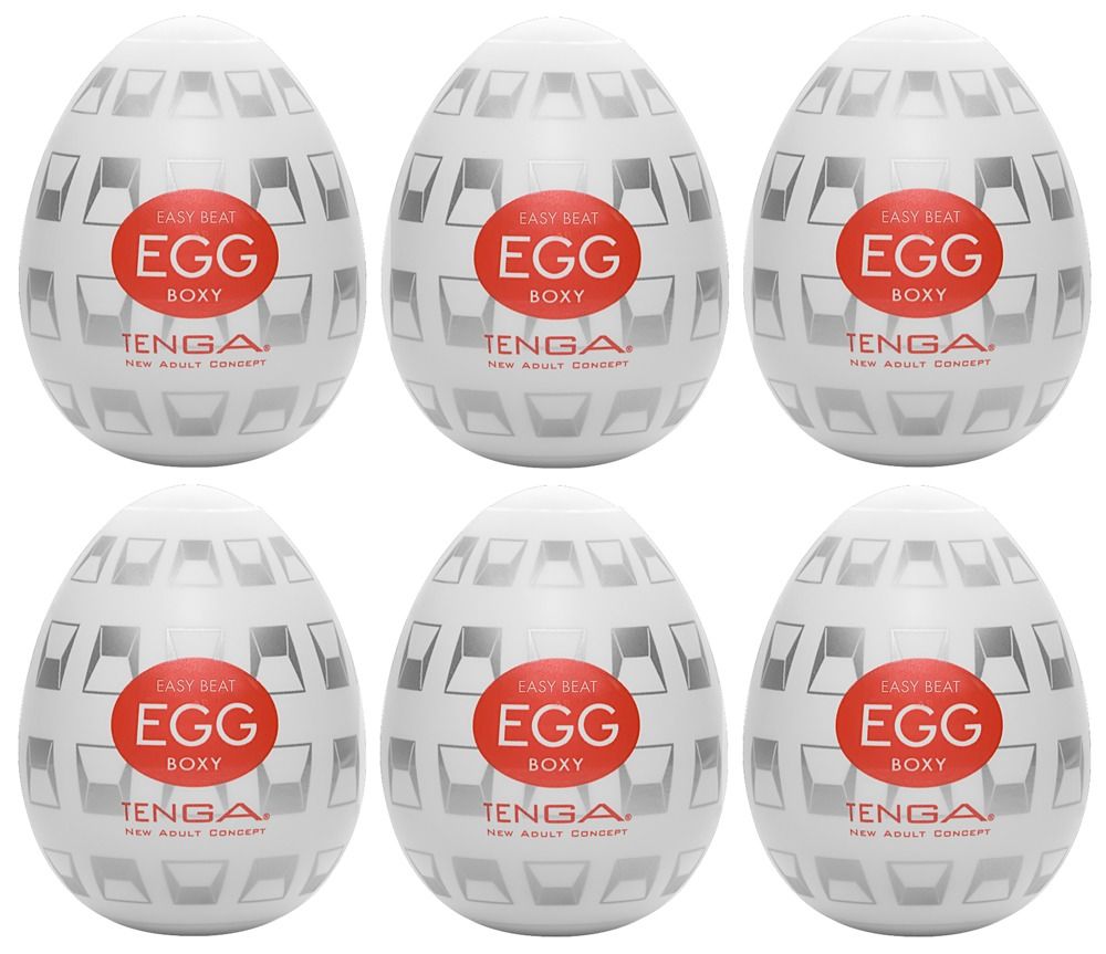 Sechs weiße, eiförmige Produkte mit geometrischem Muster und rotem Aufkleber "EGG BOXY". Marke: TENGA.
