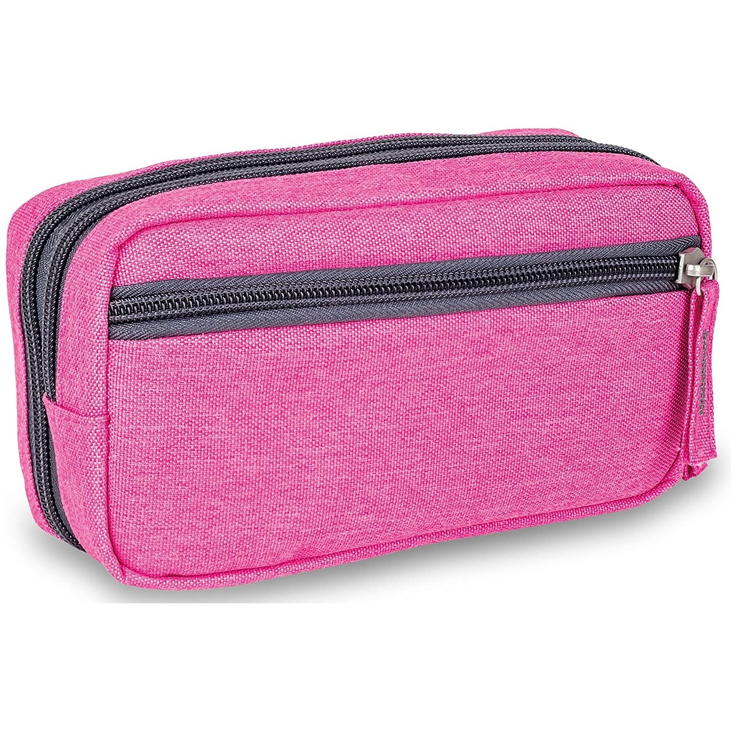 Pinke Tasche mit grauem Reißverschluss. Rechteckige Form, zwei Fächer. Marke: Elite Bags.