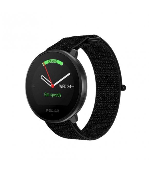 Schwarze Smartwatch mit rundem Zifferblatt. Anzeige: Cardio. Marke: Polar. Schwarzes Armband.