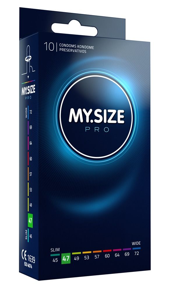 Schachtel mit Kondomen. Aufschrift MY.SIZE PRO, 47mm. Größenangaben von 45 bis 72. 10 Kondome.