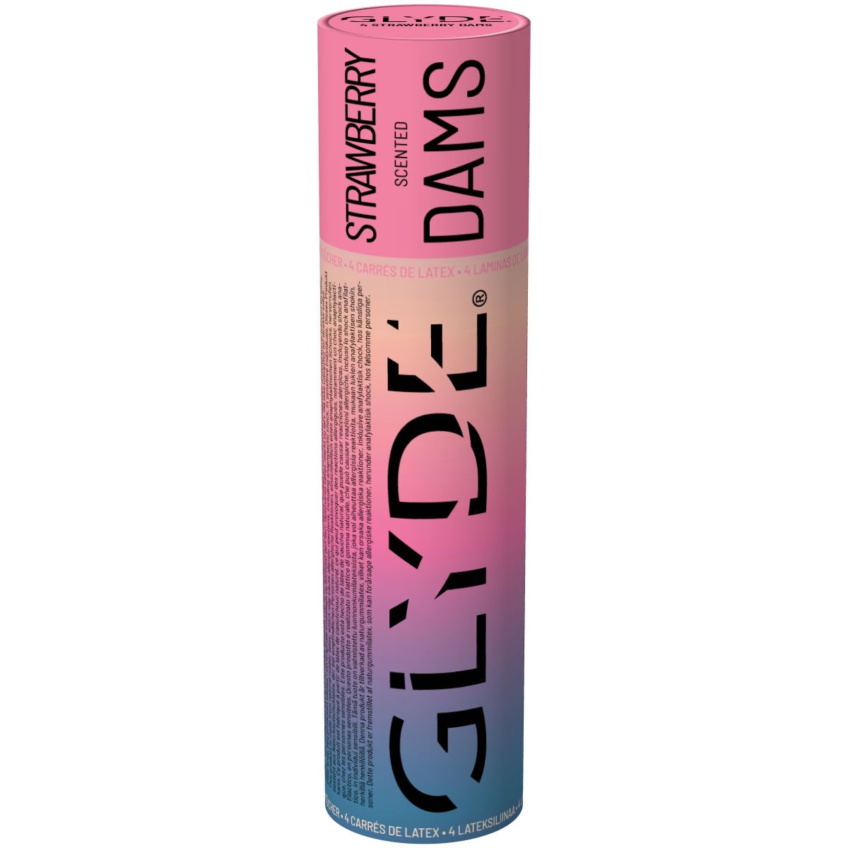 Zylindrische Packung Glyde Dams, Erdbeerduft, 4 Stück.