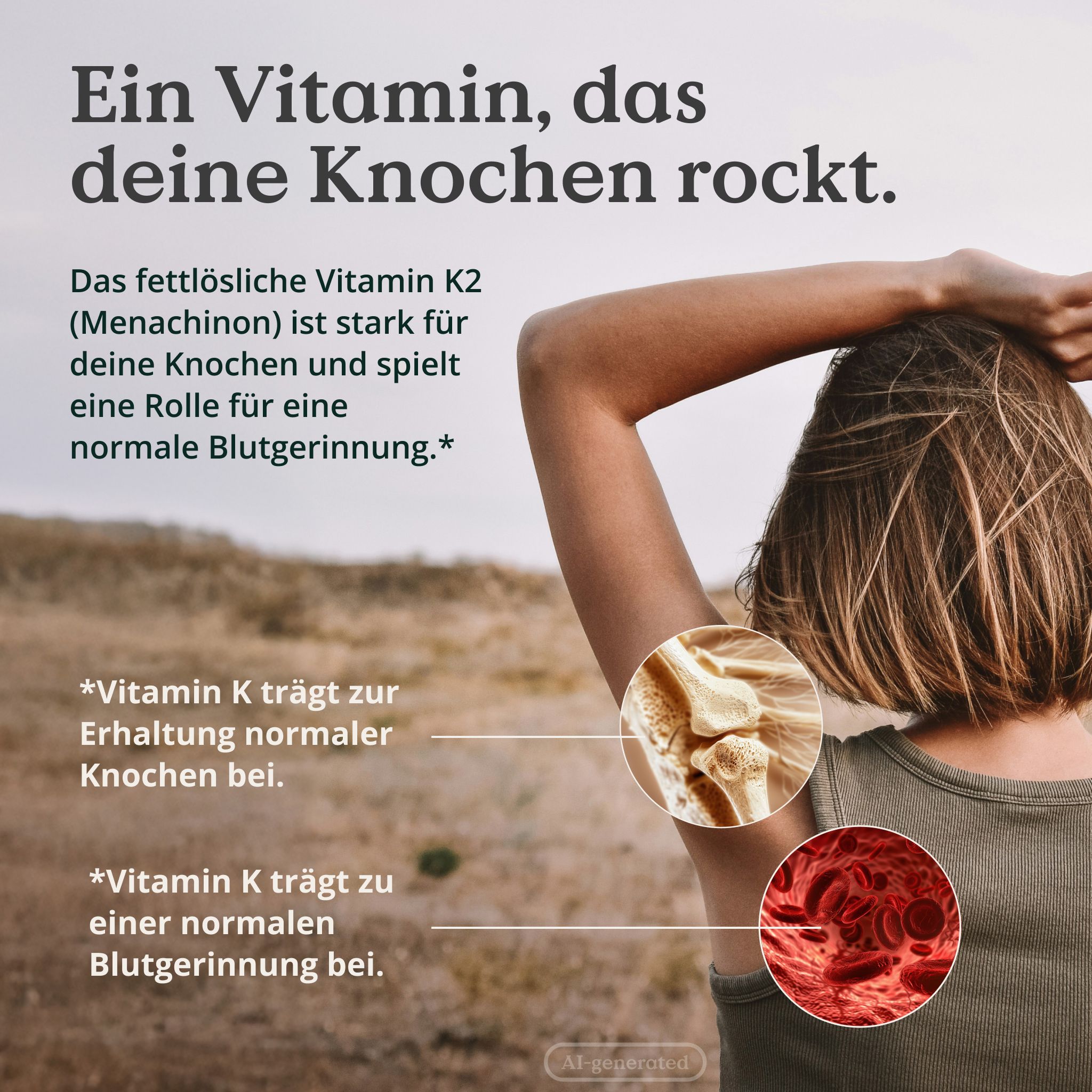 Rückansicht einer Frau mit Fokus auf Knochen und Blutgefäße.