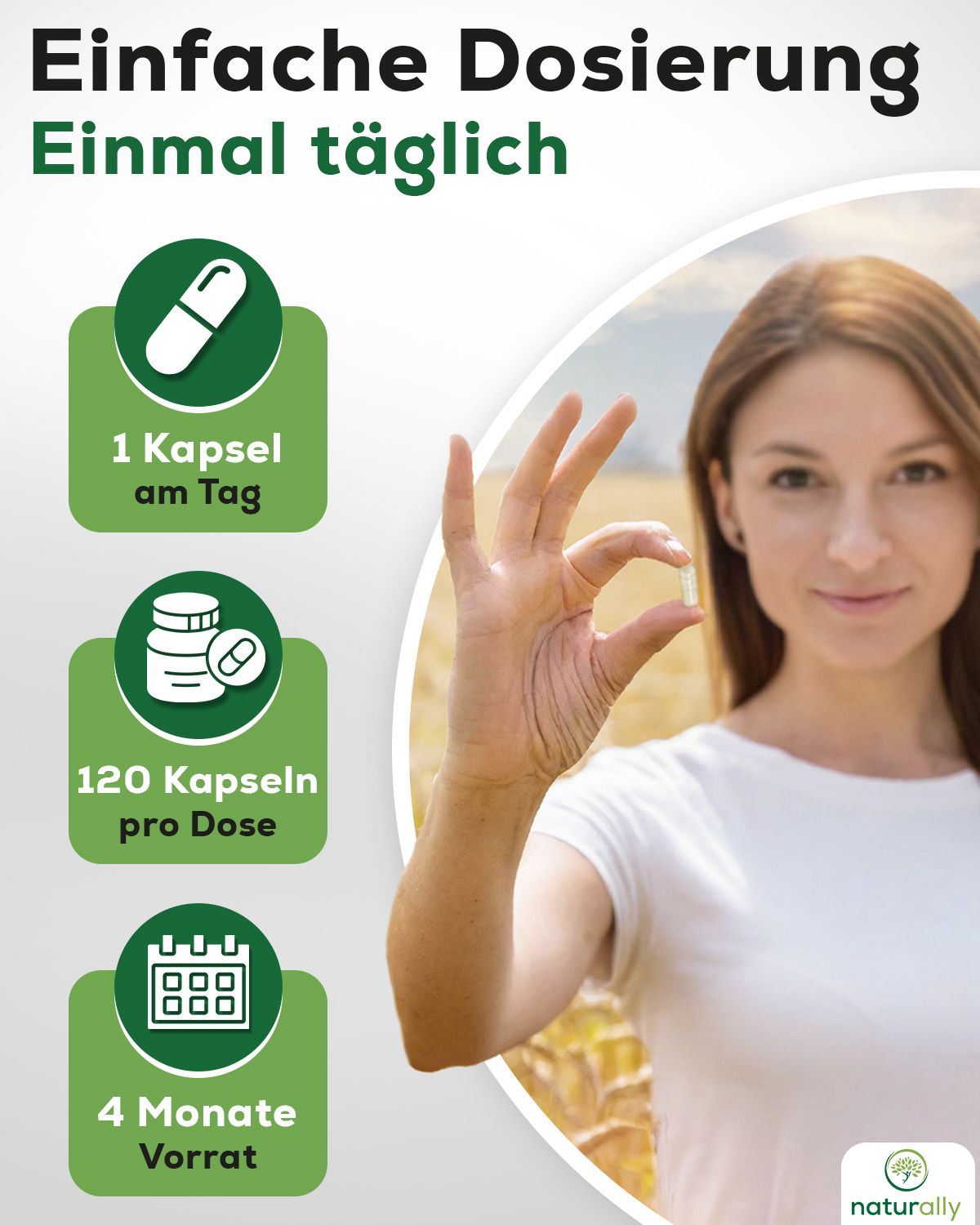 Frau hält Kapsel. Text: "Einfache Dosierung. 1 Kapsel täglich. 120 Kapseln pro Dosis. 4 Monate Vorrat". Logo "naturally".