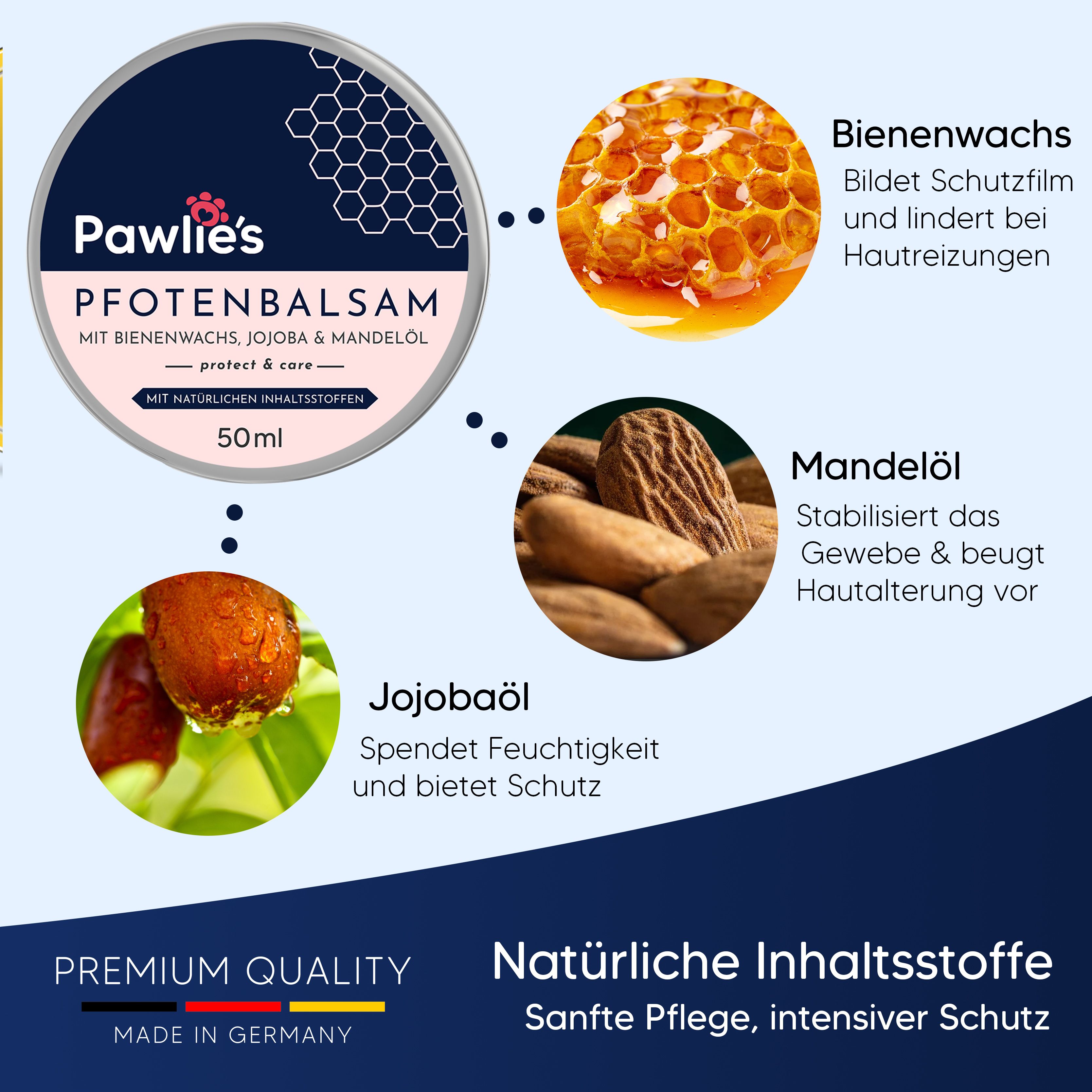 Pawlie's Pfotenbalsam: Bienenwachs, Jojobaöl, Mandelöl. Natürliche Inhaltsstoffe.