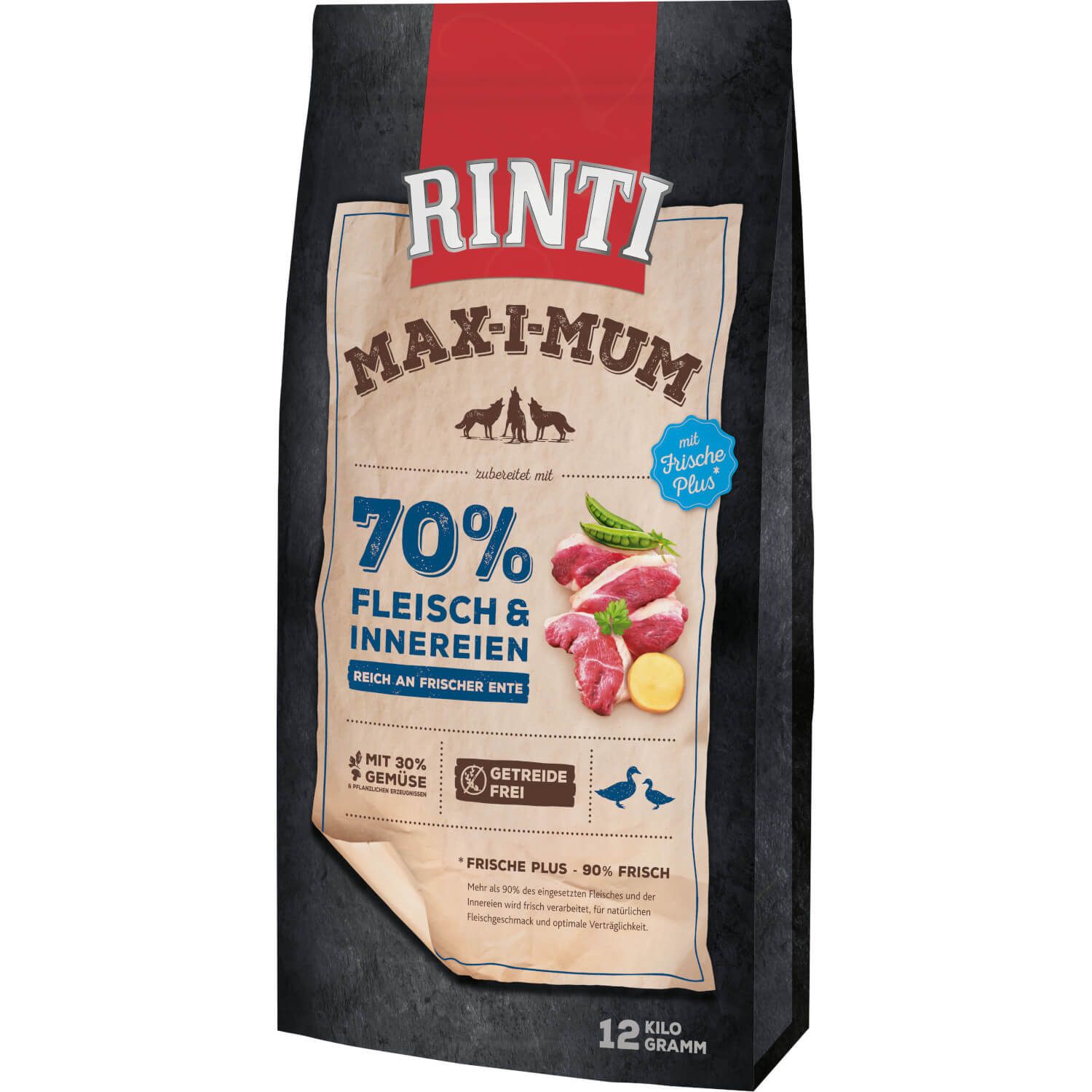 Schwarzer Beutel mit Rinti Max-i-Mum. Aufdruck: 70% Fleisch & Innereien, reich an frischer Ente. Mit 30% Gemüse, getreidefrei. 12 Kilo.