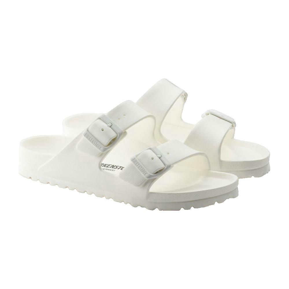 Sandali bianchi Birkenstock con due cinturini e fibbie. Materiale EVA. Vista laterale.