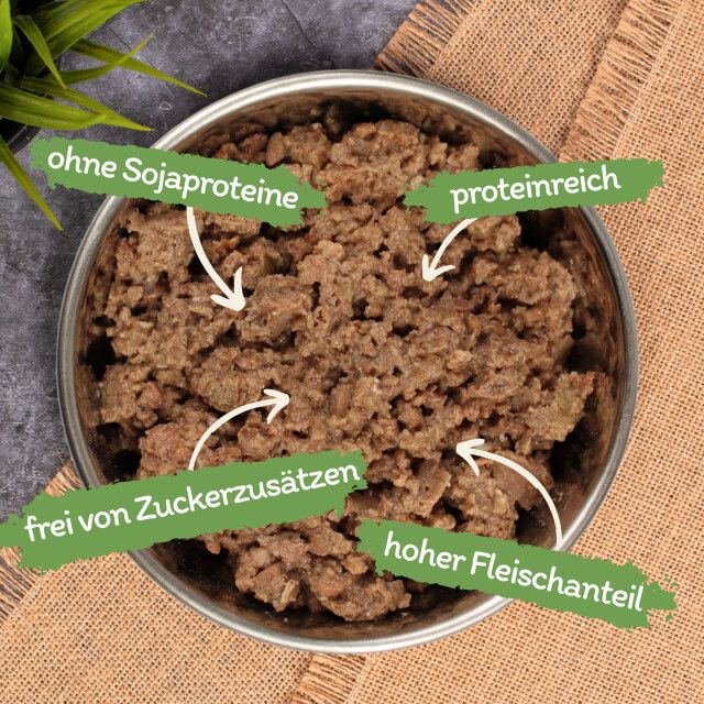 Hundefutter in einer Schüssel. Beschriftungen: ohne Sojaproteine, proteinreich, frei von Zuckerzusätzen, hoher Fleischanteil.