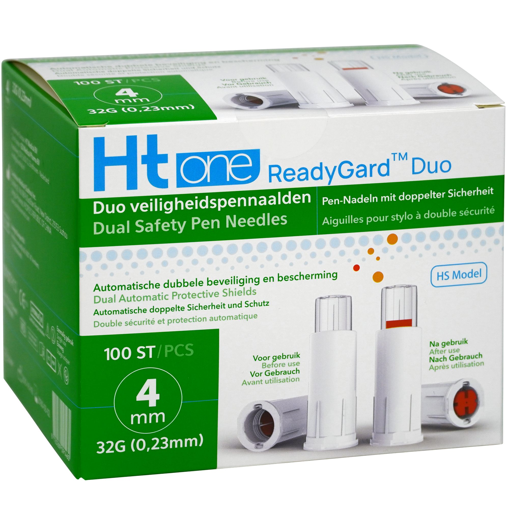 Verpackung von Ht one ReadyGard Duo Sicherheitsnadeln. Box mit Produktabbildung und Texten in mehreren Sprachen. 100 Stück, 4 mm, 32G.