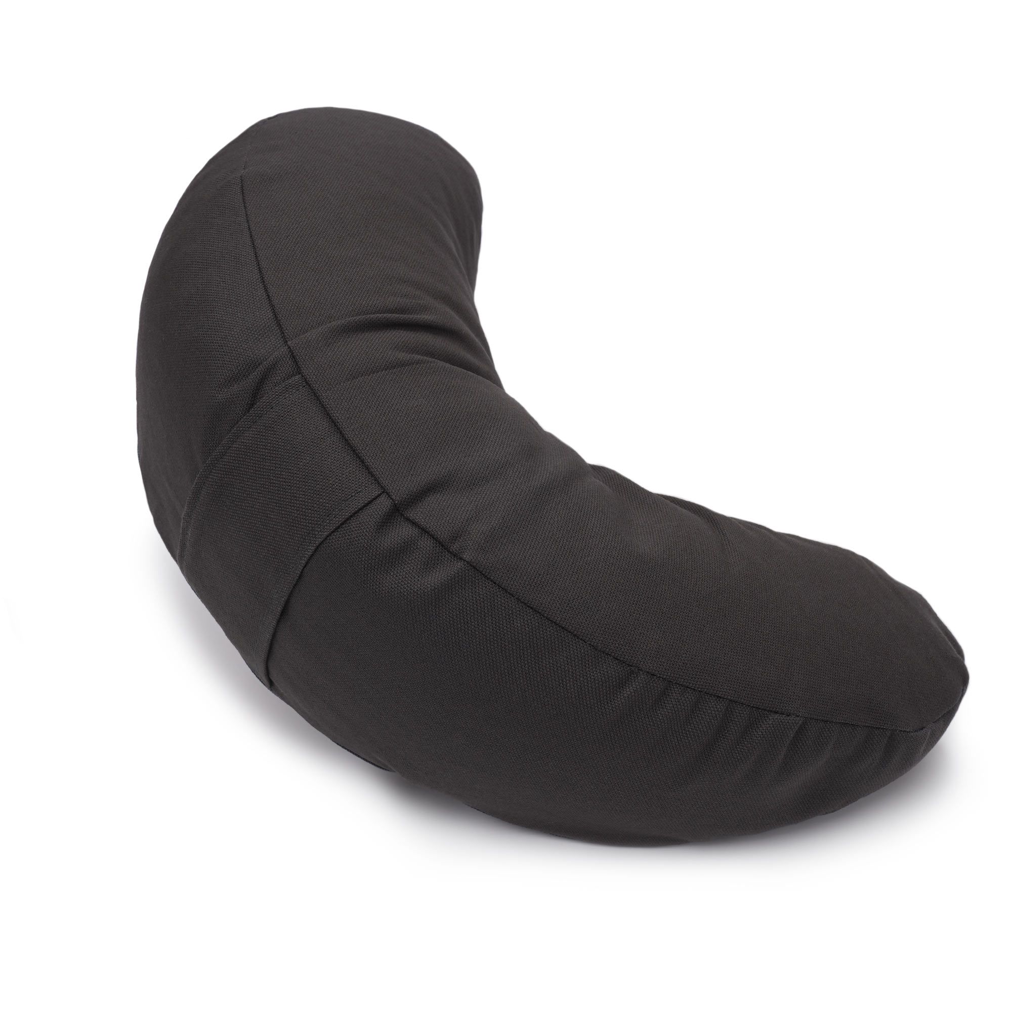 Schwarzes, mondförmiges Yogakissen mit Reißverschluss.