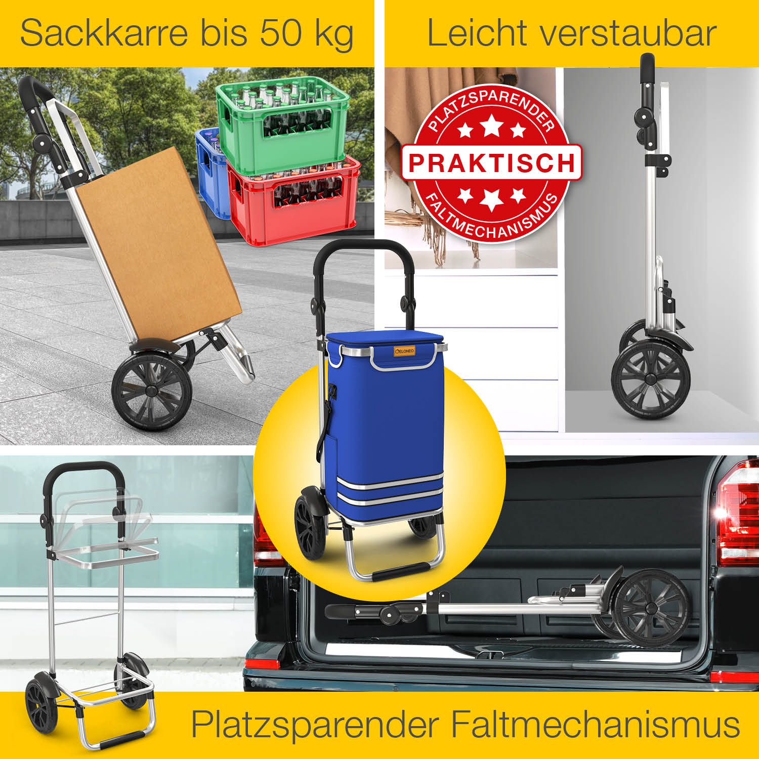 Einkaufstrolley, blau, zusammengeklappt und mit Waren beladen. Text: „Praktisch“, „Platzsparender Faltmechanismus“.