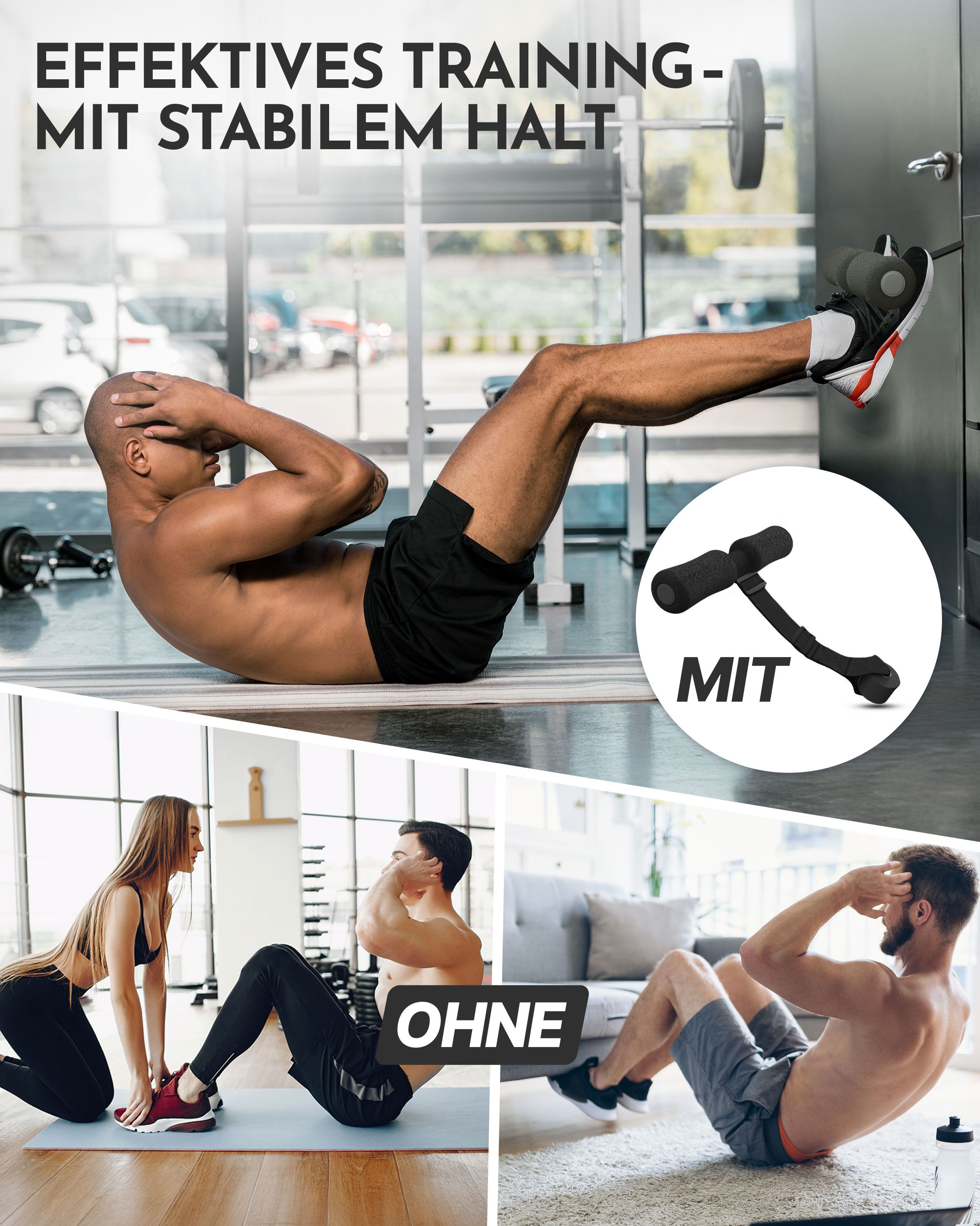 Mann macht Sit-ups mit dem Trainingsgerät. Vergleich: Mit und ohne Gerät. Frau hilft beim Training.