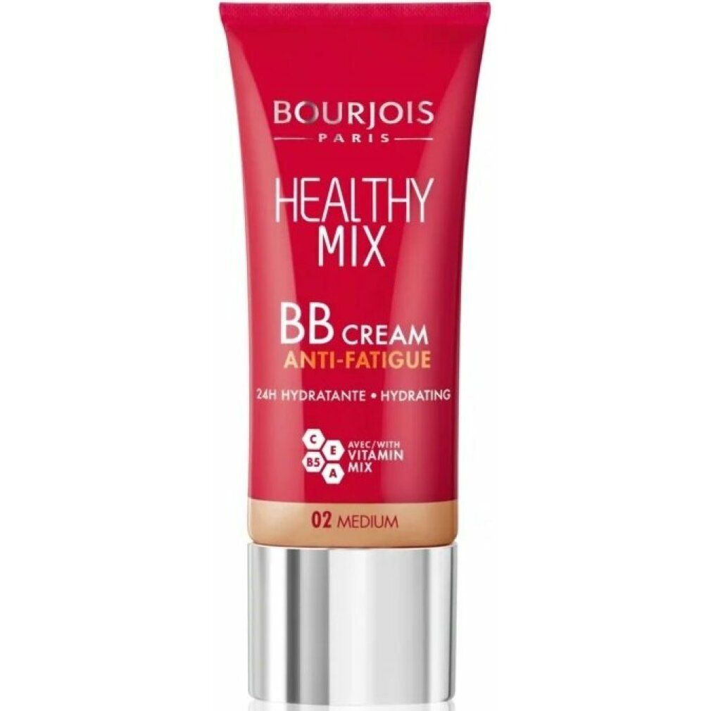 Rote Tube Bourjois Healthy Mix BB Cream 02 Medium. Text: Healthy Mix, BB Cream Anti-Fatigue, 24H Hydratante + Hydrating.