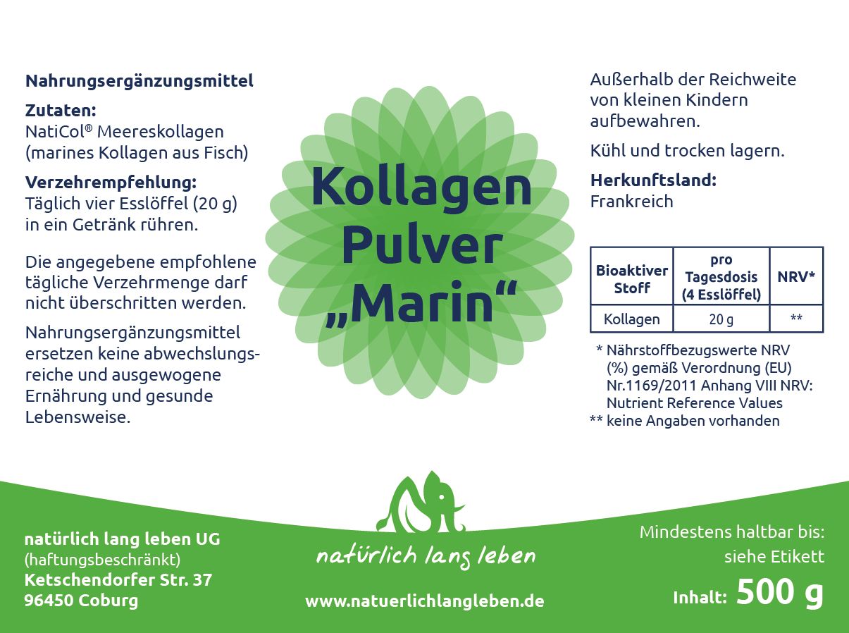 Etikett mit Produktinformationen. Aufschrift: Kollagen Pulver "Marin", Zutaten, Verzehrempfehlung, Inhaltsstoffe, Logo.