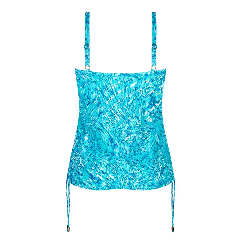 Rückansicht eines türkisfarbenen Tankini-Oberteils mit verstellbaren Trägern und Kordelzug an den Seiten.