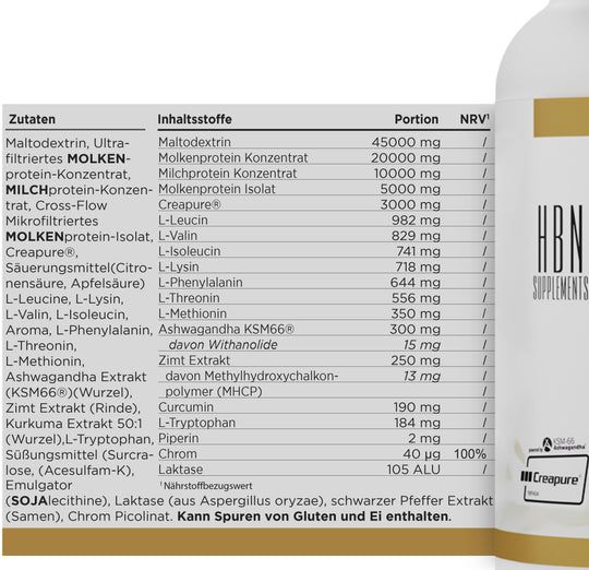 Nährwerttabelle und Zutatenliste. HBN Supplements-Logo rechts. Enthält Maltodextrin, Molkenprotein, L-Leucin, L-Lysin, L-Valin, L-Isoleucin.