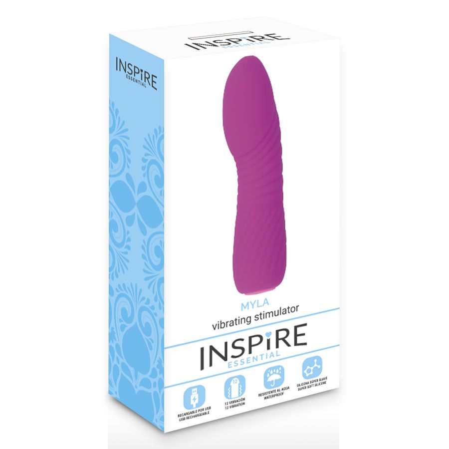 Verpackung mit Produktabbildung. Aufschrift: INSPIRE, MYLA vibrating stimulator. Logos und Icons.