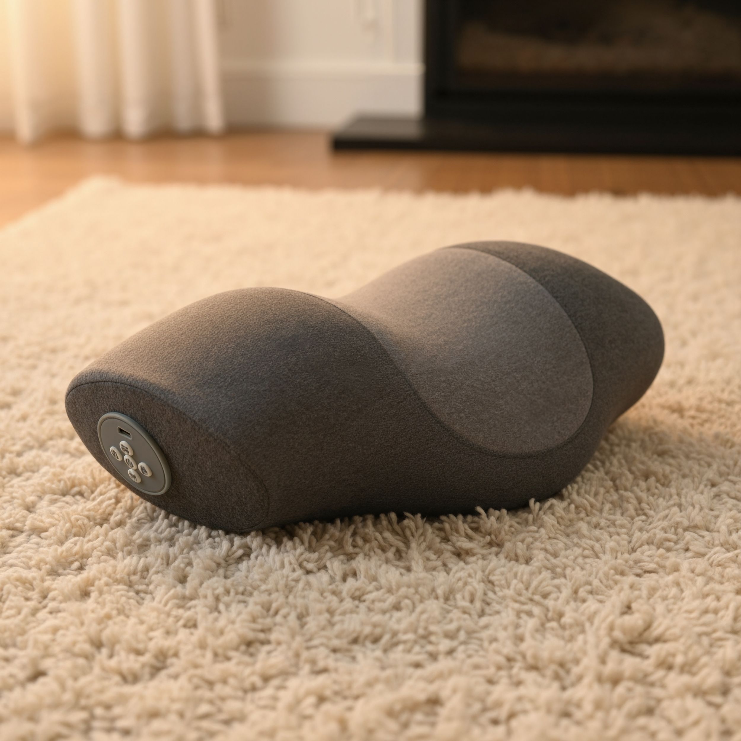 Graues Nackenkissen auf einem Teppich. Ergonomische Form mit Bedienfeld.