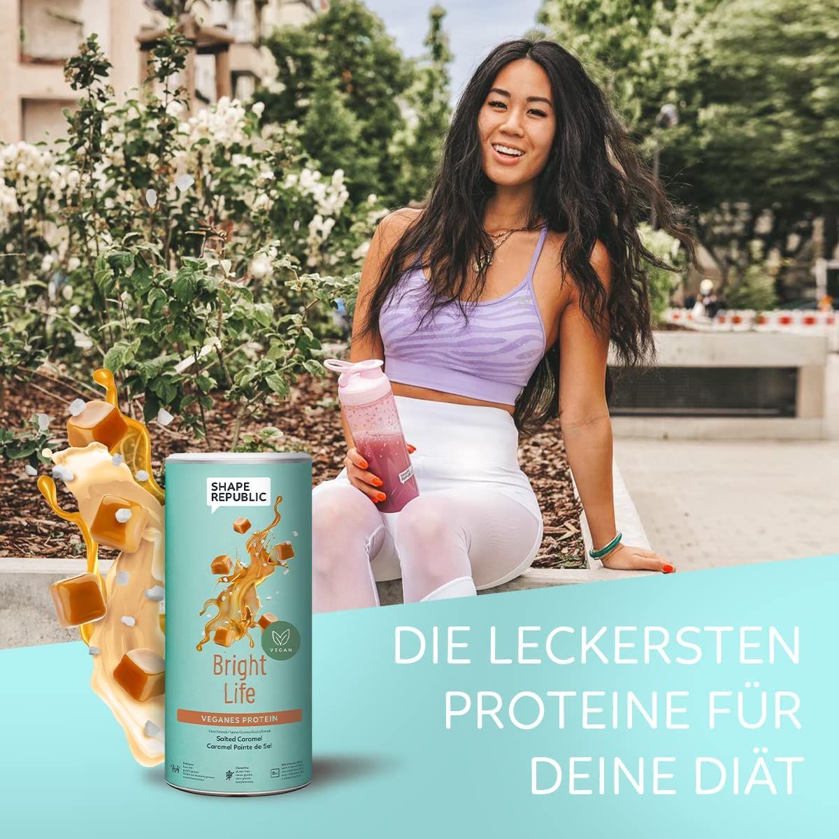 Frau mit Shaker und Dose "Bright Life". Text: "Die leckersten Proteine für deine Diät".