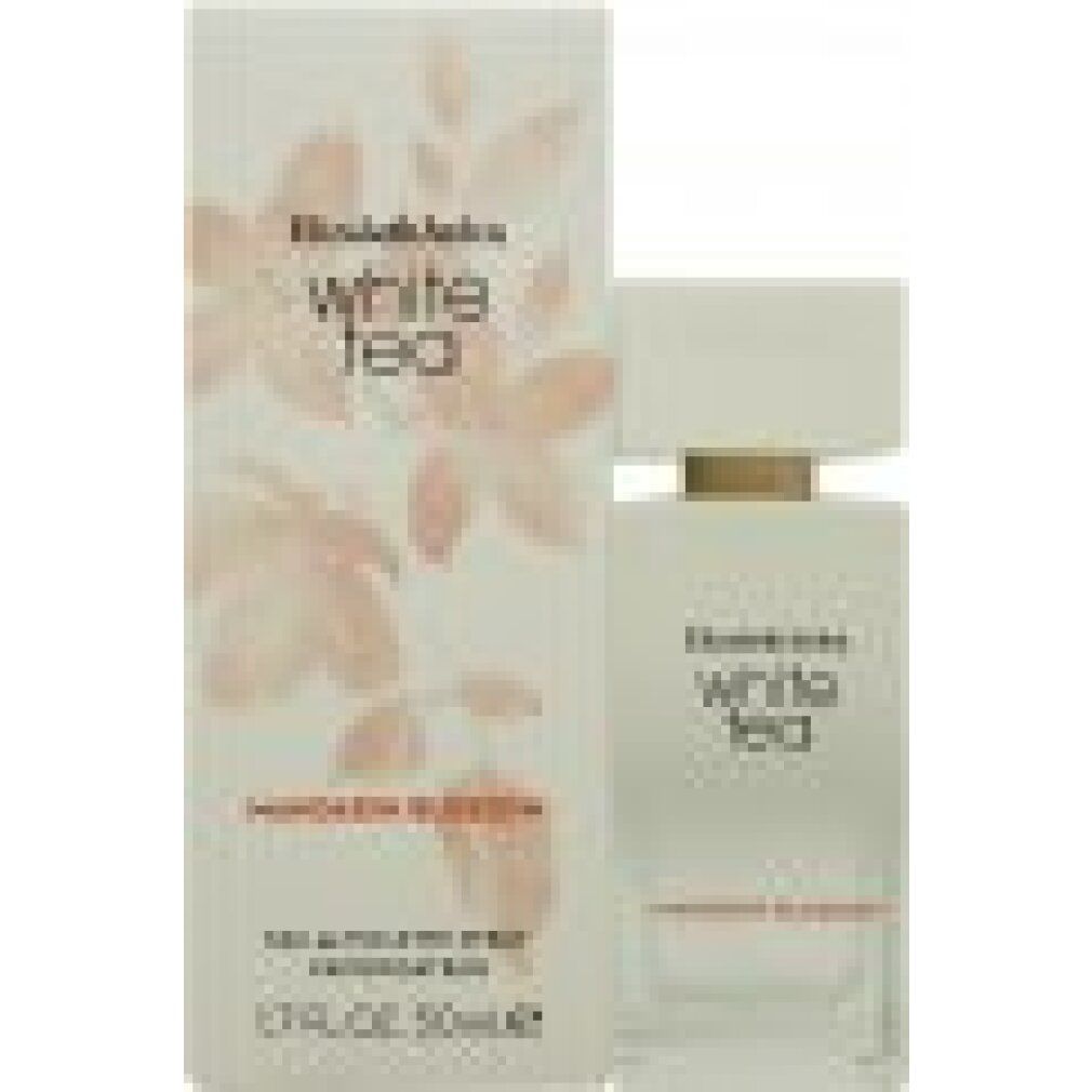 Weißes Parfümflakon und Schachtel. Aufschrift: Elizabeth Arden White Tea Mandarin Blossom Eau de Toilette Spray.