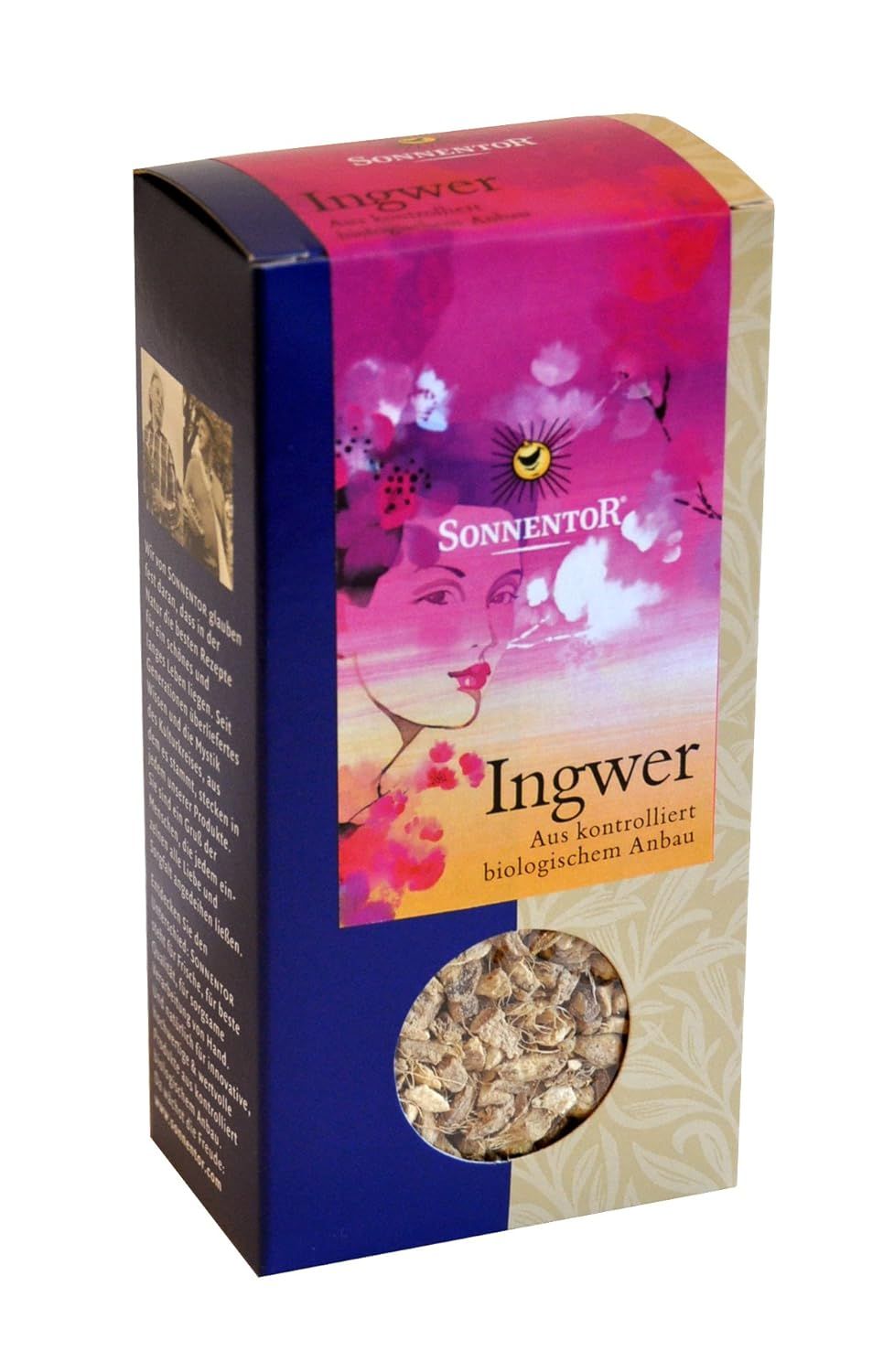 Sonnentore Ingwer lose Bio Tee Packung mit Sichtfenster.