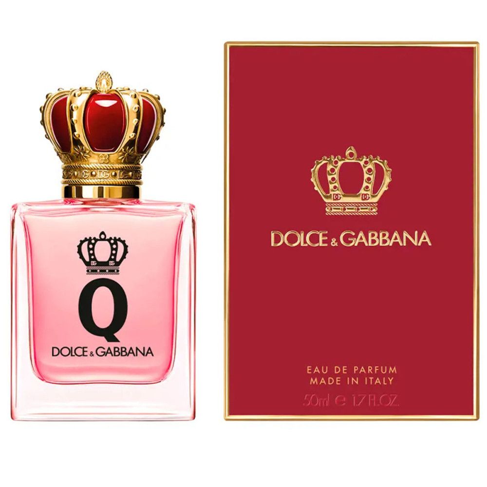 Parfümflakon mit roter Krone und roter Verpackung. Aufschrift: Dolce & Gabbana, Q. Eau de Parfum.