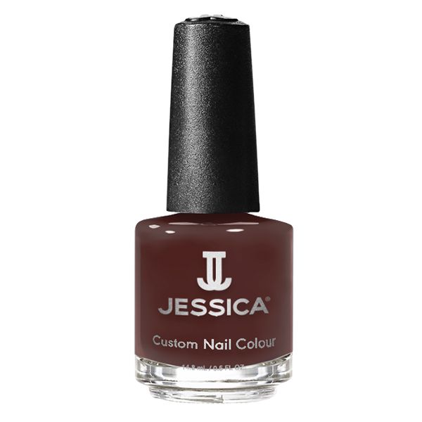 Nagellackflasche mit brauner Farbe. Schwarzer Deckel mit dem Logo "JESSICA Custom Nail Colour".