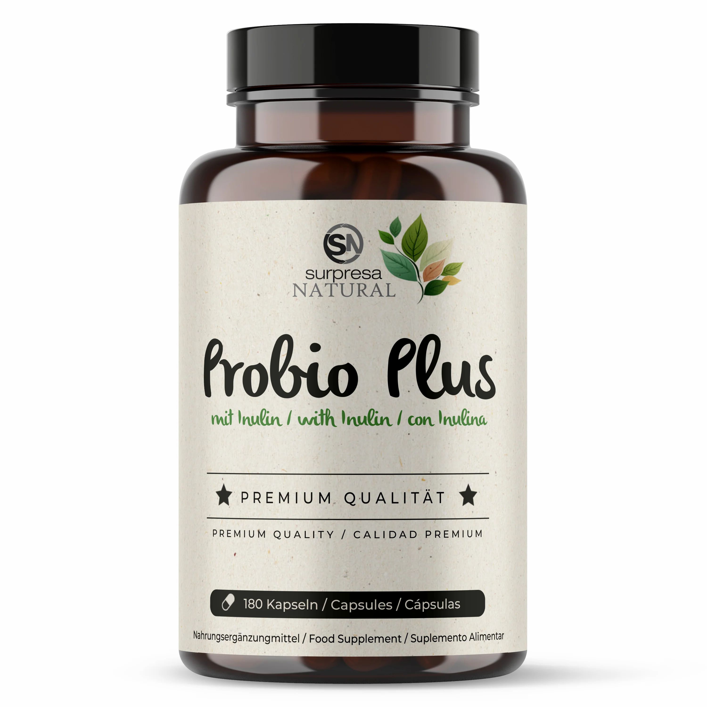 Braune Flasche mit schwarzen Deckel. Aufschrift: Surpresa Natural Probio Plus. Enthält 180 Kapseln. Premium Qualität.