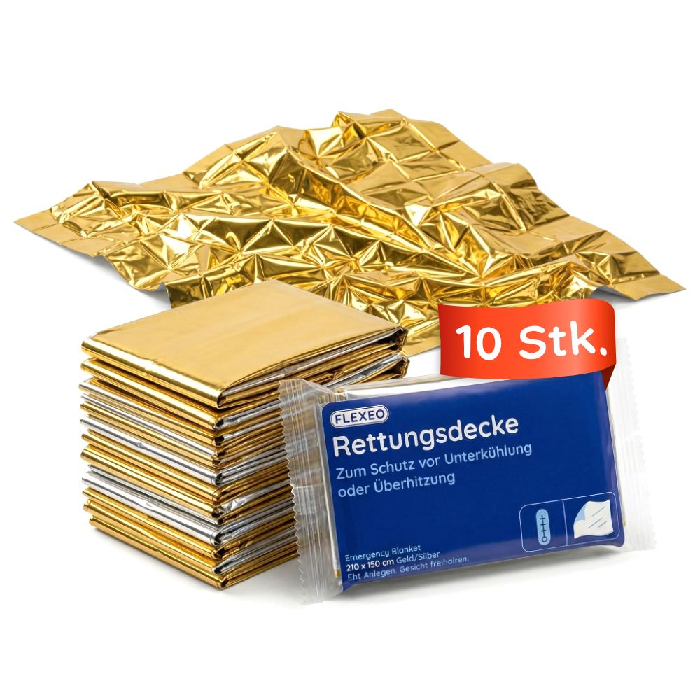 Zehn einzeln verpackte goldene Rettungsdecken, gestapelt und nebeneinander.