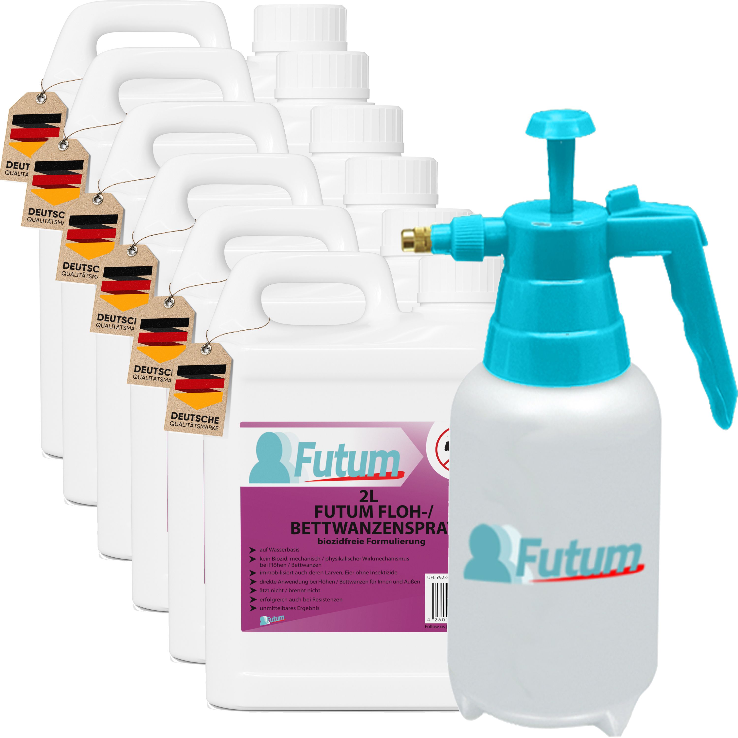 Mehrere weiße Kanister mit Griffen und Etiketten, daneben eine Sprühflasche. Auf den Etiketten steht "FUTUM".