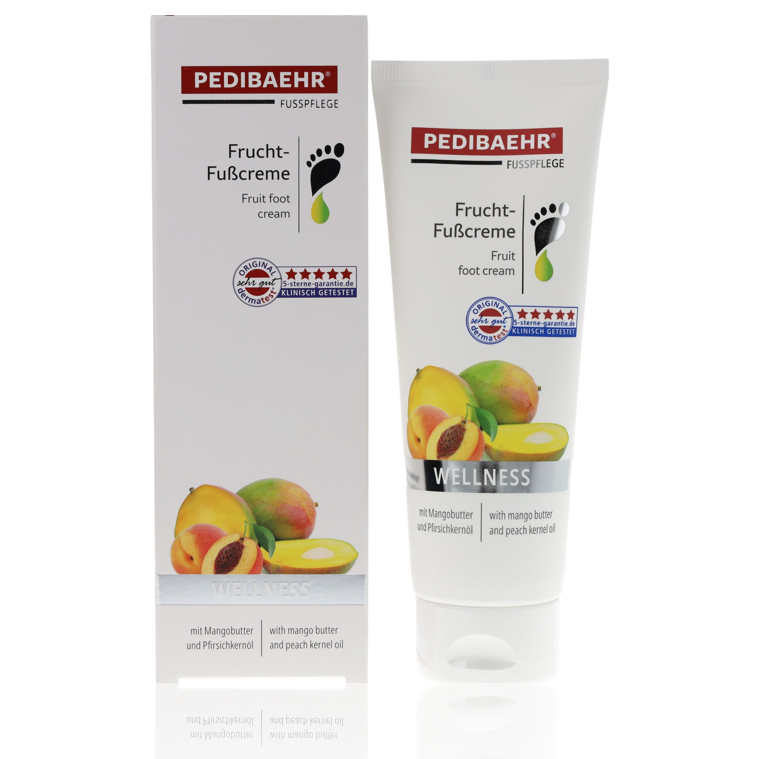 Weiße Tube und Schachtel mit Produktinformationen. Aufdruck: PEDIBAEHR, Frucht-Fußcreme, Früchte-Illustration. Auf der Tube: Wellness.