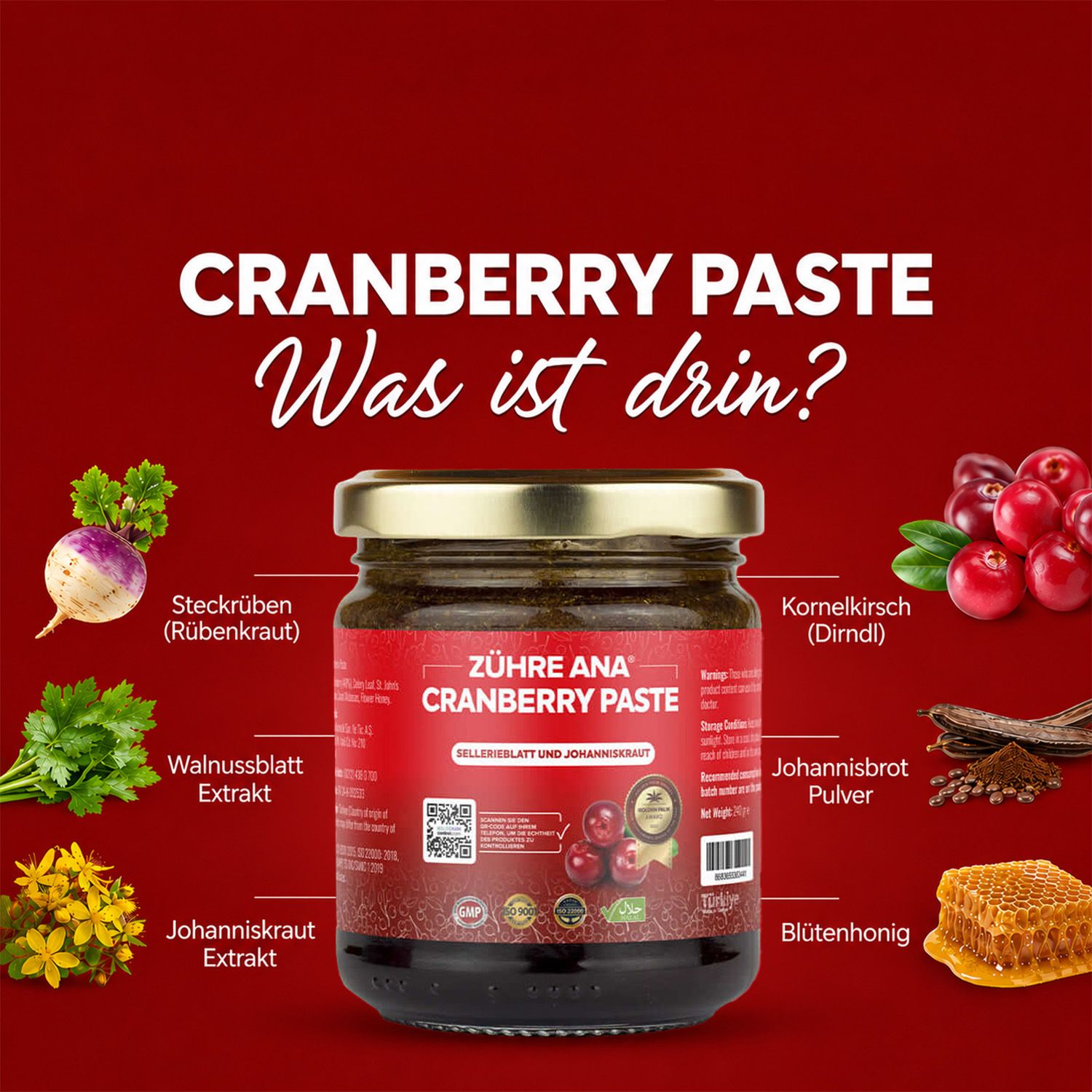 Glas Zühre Ana Cranberry Paste mit Zutatenliste und Cranberries.