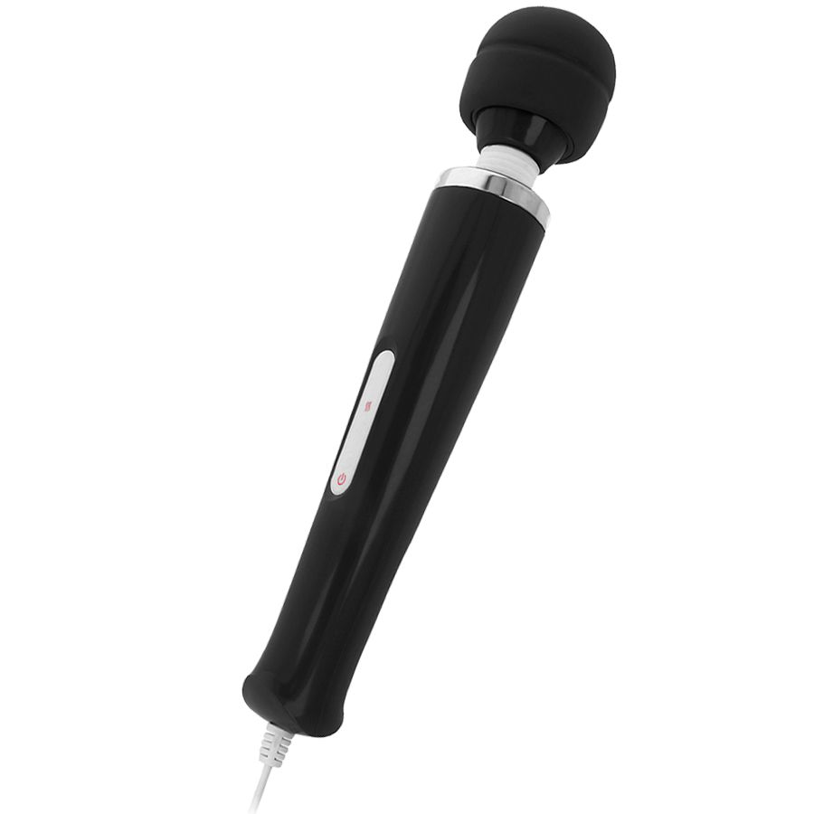 Schwarzer Wand-Massager mit schwarzem Kopf und weißem Kabel. Bedienfeld mit zwei Tasten.