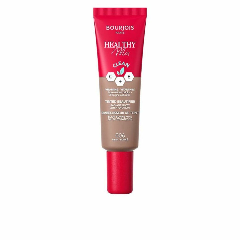 Tube Bourjois Healthy Mix Beautifier, Farbton 006. Roter Deckel, Schriftzug. Enthält Vitamine C und E.