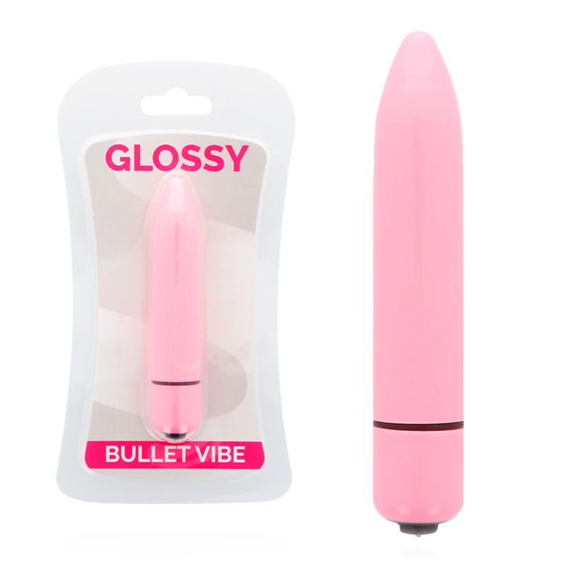Rosa Minivibrator und Verpackung. Produktname 'GLOSSY' und 'BULLET VIBE' auf der Verpackung. Zylindrische Form.