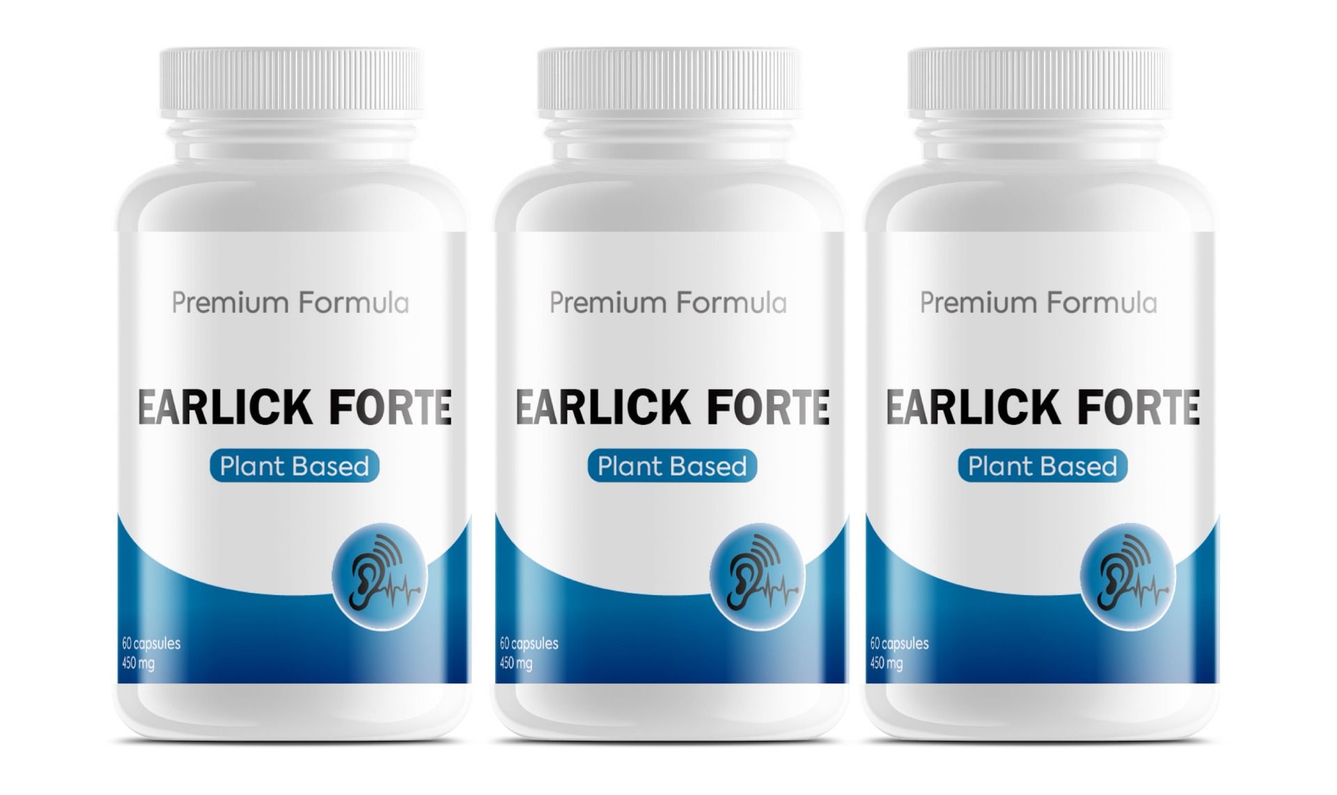 Drei weiße Flaschen mit Kapseln. Aufschrift: EARLICK FORTE, Plant Based. 60 Kapseln, 450 mg.