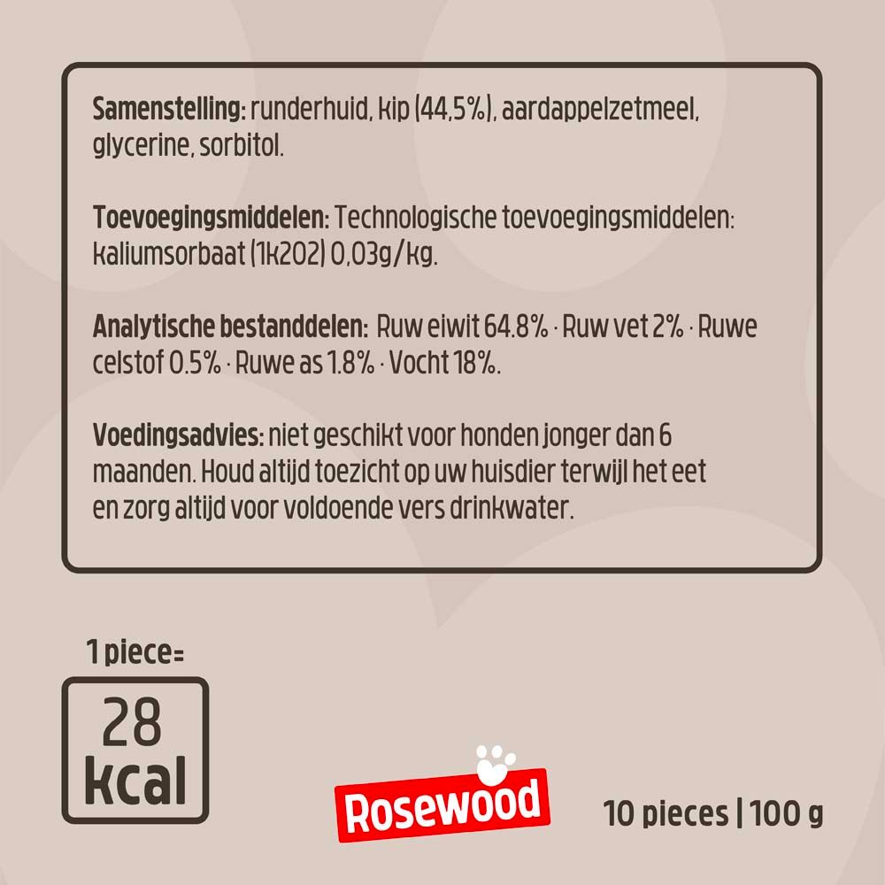 Rückseite der Verpackung von Rosewood Chewy Sticks. Enthält Informationen zu Inhaltsstoffen und Nährwerten.