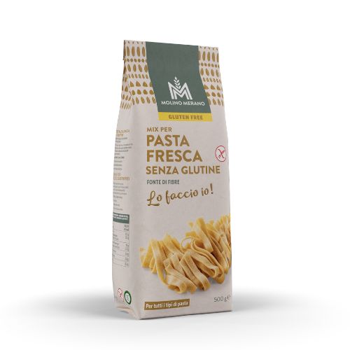 Molino Merano glutenfreie Mischung für frische Pasta. 500g Packung mit Bandnudeln-Abbildung.