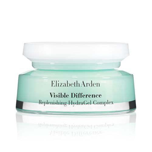 Tiegel mit grünlichem Gel. Aufschrift: Elizabeth Arden Visible Difference Replenishing HydraGel Complex. Weißer Deckel, silberner Rand.